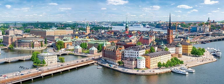 An aerial view over Gamla Stan in Stockholm, Sweden